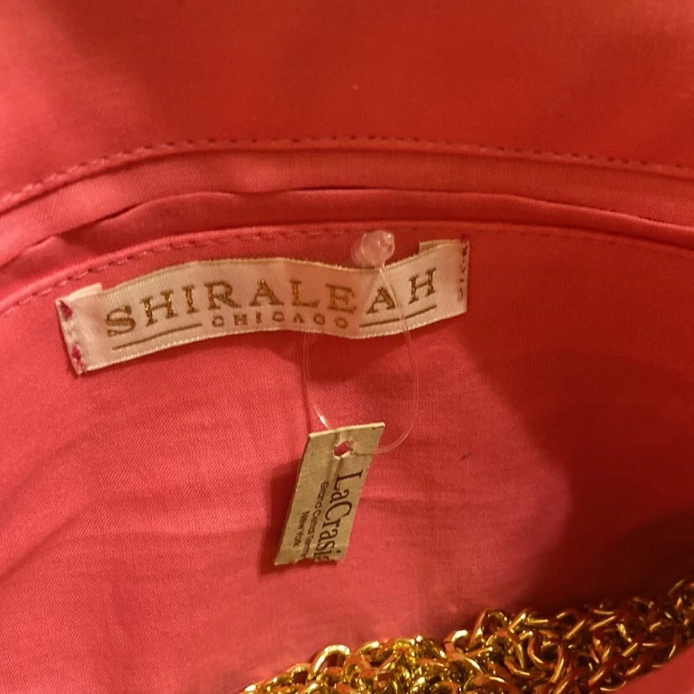NWT Barbie pink cloth ornate clutch with convertible gold tone chain strap